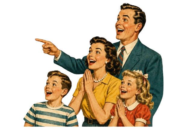 Happy family pointing excitedly